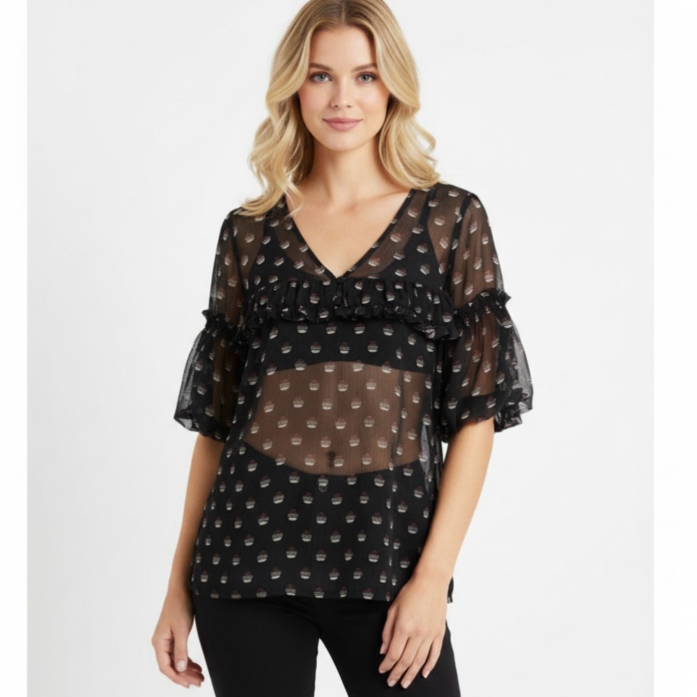 LOFT Top Black Multi Sheer Ruffle Sleeve M Boho Peasant Bell Sleeve Polka Dor